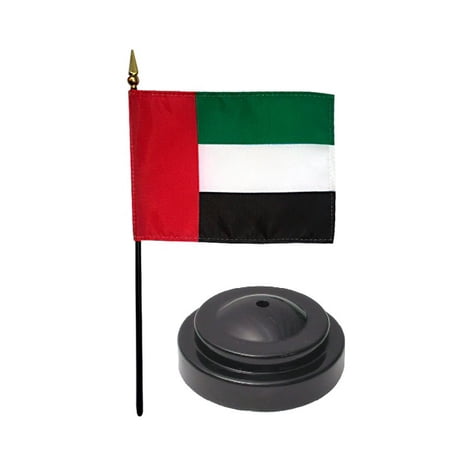 UAE Desk Flag with Base; American Made Rayon 4x6 inch Miniature Table Set Includes One Small Mini Country Stick Flags and One Black Stand (UAE Desk Flag and Base)