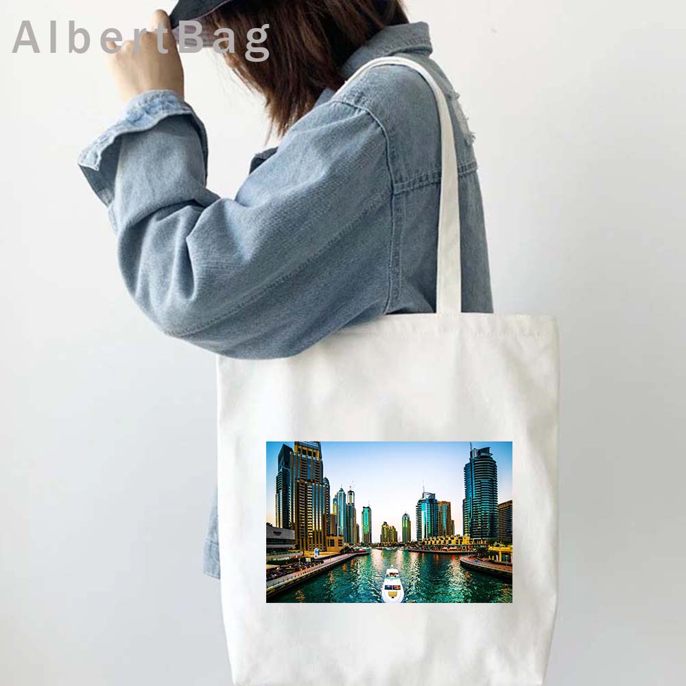 UAE Emirati Skyscraper Dubai Skyline Retro United Arab Emirates Sunset Palm Trees Canvas Tote