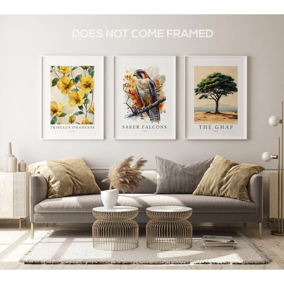 UAE National Symbols Poster Prints, Saker Falcon, Tribulus Omanense, And Ghaf Tree Wall Art DecPrints, Set 3, Poster Only