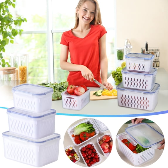 UAEBM 3 PCS Large Fruit Containers for Fridge - Leakproof Food Storage Containers with Removable Colander - Produce Containers Keep Fruits, Vegetables, Berry, Meat Fresh longer Blue