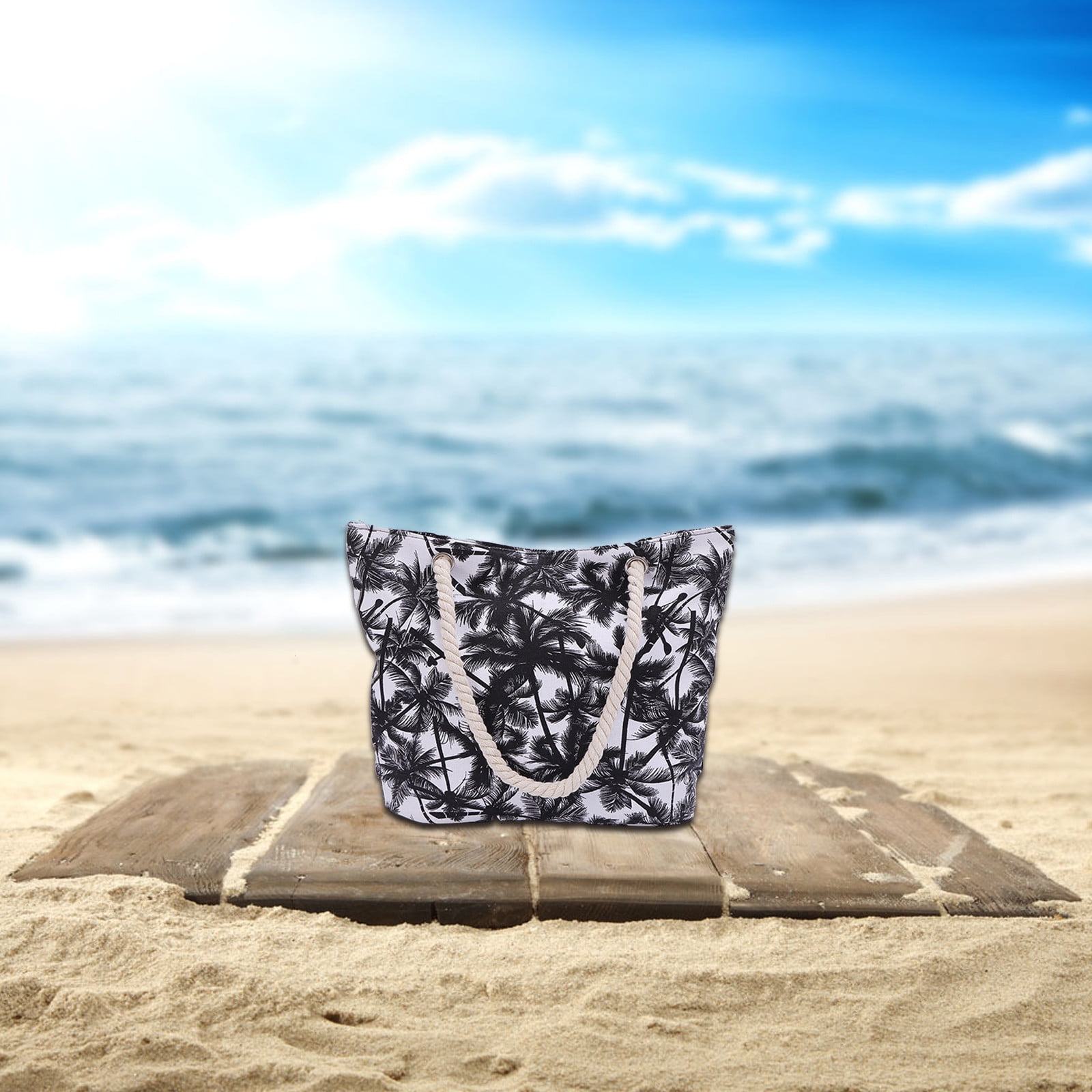 UAEBM Beach Bag Black Print Coco nut Tree Pattern Summer Large Beach Tote Bag Travel Canvas Handbag Zipper Closure Shoulder Bag Black Walmart