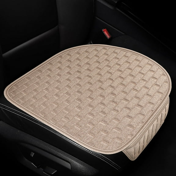 UAEBM Car Seat Cushion with Non-Slip and Breathable Design, Universal Four Seasons Car Front Seat Covers, Cotton Linen Car Seat Protector with Storage Pouch Beige