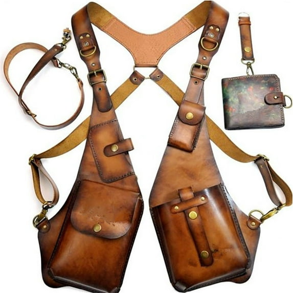 UAEBM Leather Strap Shoulder Bag, Men's Steampunk Style Underarm Wallet, Adjustable Metal Buckle Leather Strap Harness Coffee
