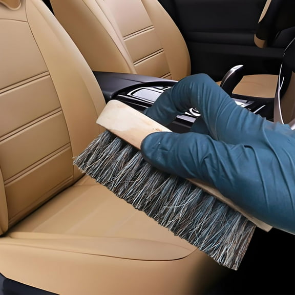 UAEBM Multifunctional Leather Seat Cleaner Brush, Horse Hair Wooden Handle Car Interior Cleaning, Car Wash Special Brush for Upholstery black
