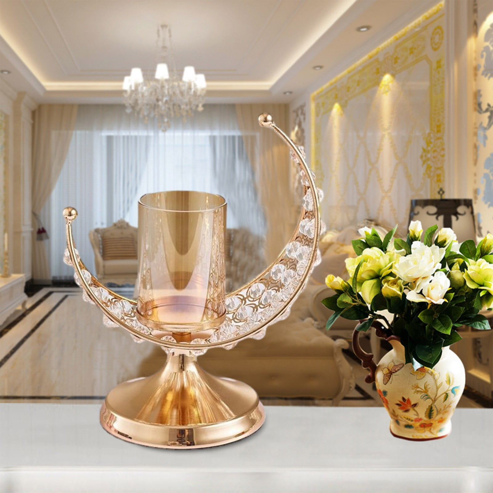 UAEBM Shaped Crystal Pillar Candle Holder Tealight Holder Metal Crystal ...