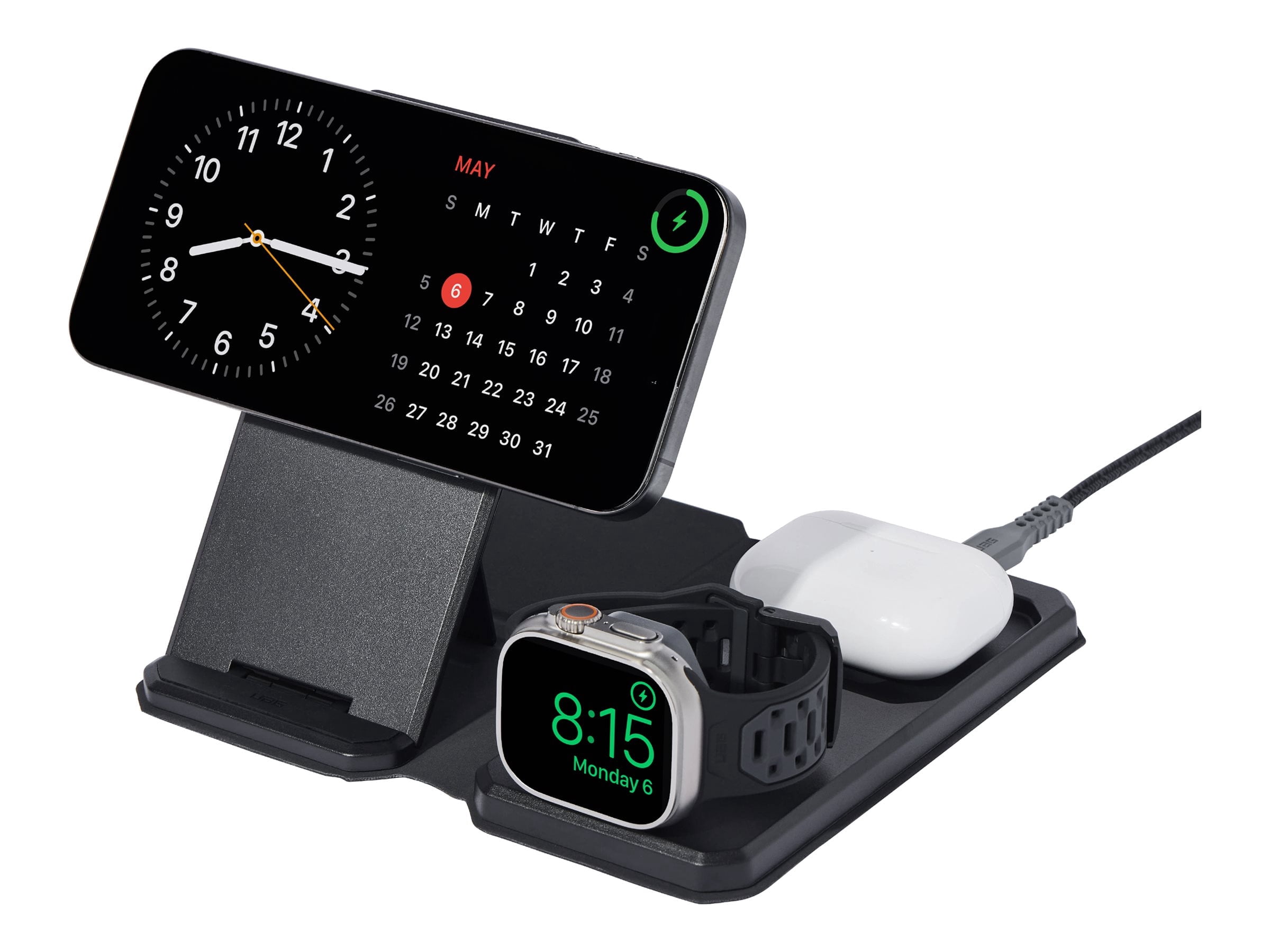 UAG 3-in-1 Travel Desktop Charger 15W Foldable Wireless Charging Station Compatible with MagSafe for iPhone 15, AirPods, Apple Watch, Black/Gray (25W USB-C PD Charger & Global Adapter Included)
