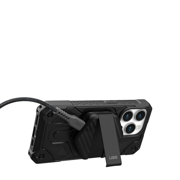 UAG Wireless Charging Pad and Kickstand Compatible with MagSafe Cases, 15W Fast Charging with 4ft Detachable Rugged USB-C to USB-C Cable, Black/Carbon Fiber