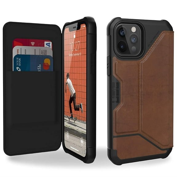 UAG iPhone 12 Case/iPhone 12 Pro Case [6.1-inch screen] Flip Folio Cover w/Card Slots & Viewing Stand Rugged Metropolis Protective Cover, Italian Leather LTHR ARMR Brown