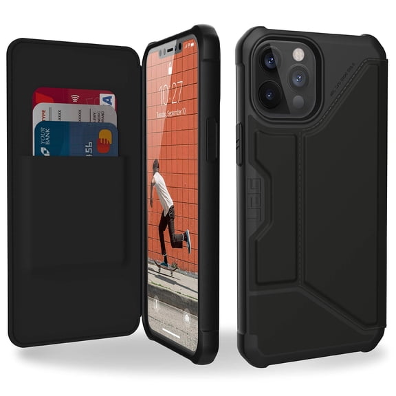 UAG iPhone 12 Pro Max Case [6.7-inch screen] Flip Folio Cover with Card Slots and Viewing Stand Feather-Light Rugged Metropolis Protective Cover, Smooth PU SATN ARMR Black