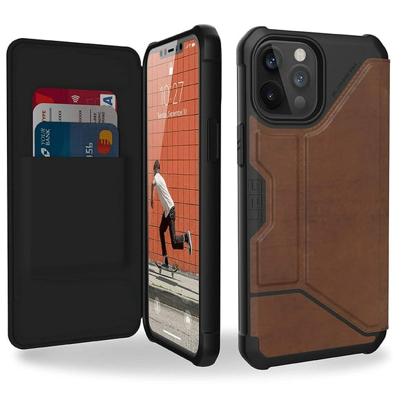 UAG iPhone 12 Pro Max Case [6.7-inch screen] Flip Folio Cover with Card Slots and Viewing Stand Rugged Metropolis Protective Cover, Supple Italian Leather LTHR ARMR Brown