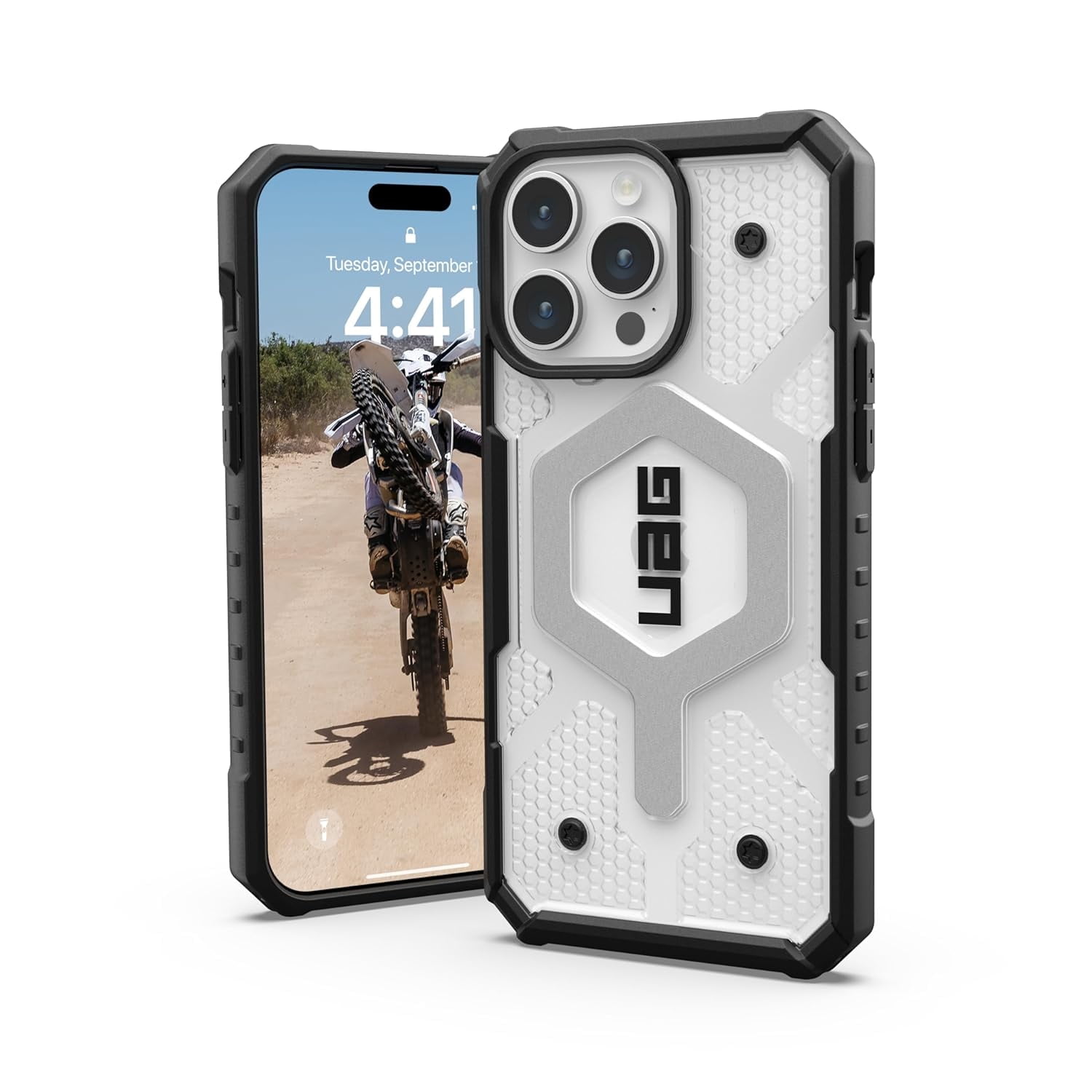UAG iPhone 15 Pro Max Case 6.7" Pathfinder Clear Ice/Silver Built-in Magnet Compatible with MagSafe Charging Rugged Transparent Dropproof Protective Cover by URBAN ARMOR GEAR