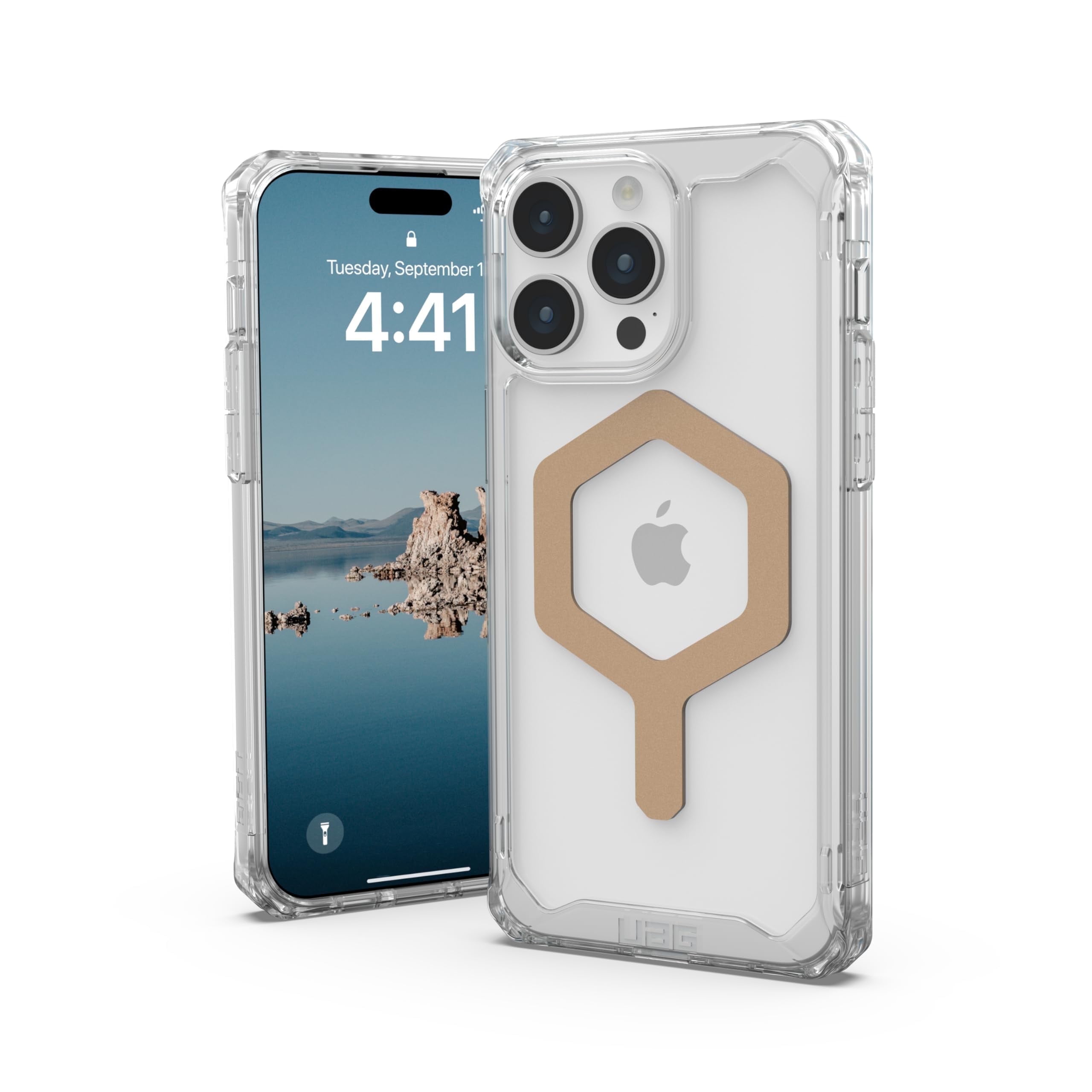 UAG iPhone 15 Pro Max Case 6.7" Plyo Ice/Gold Built-in Magnet Compatible with MagSafe Charging Rugged Anti-Yellowing Transparent Clear Protective Cover by URBAN ARMOR GEAR