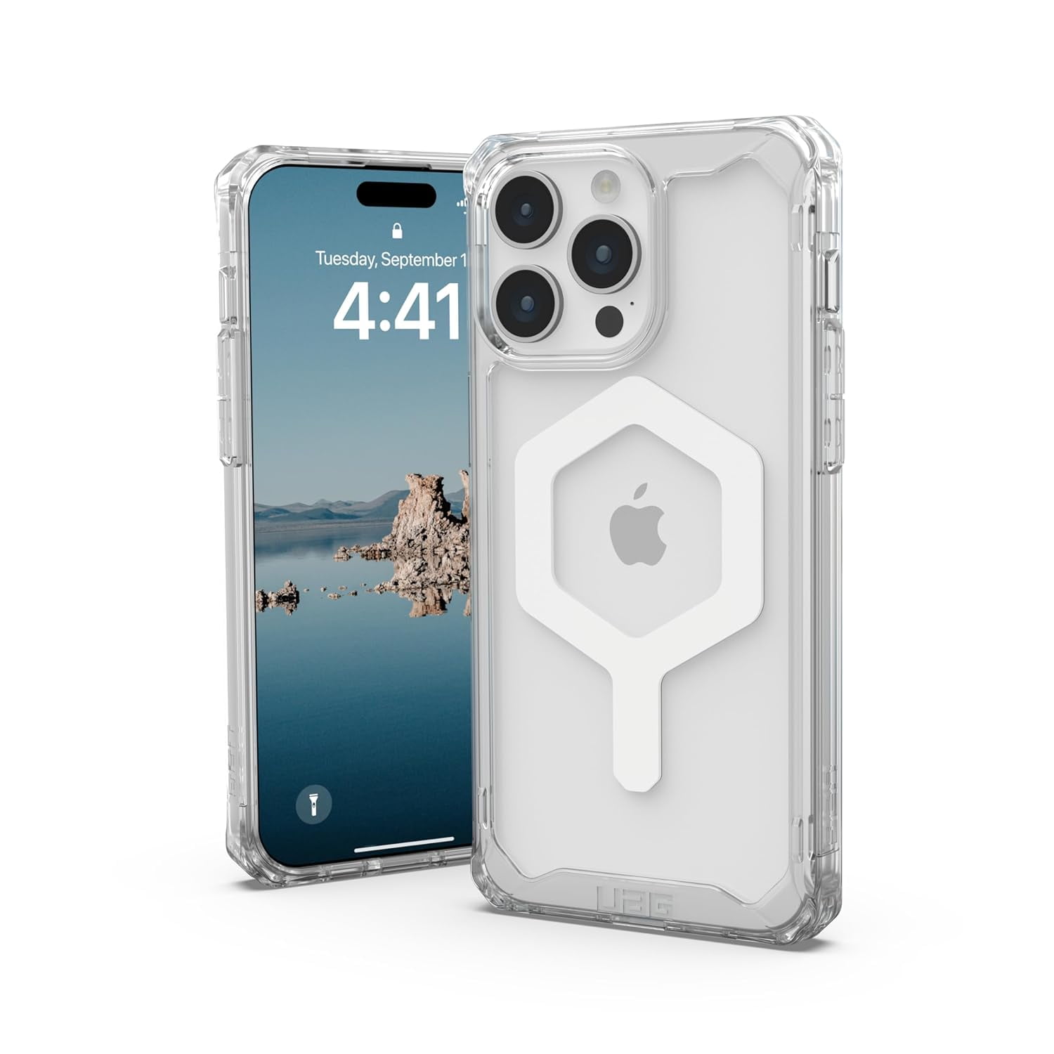 UAG iPhone 15 Pro Max Case 6.7" Plyo Ice/White Built-in Magnet Compatible with MagSafe Charging Rugged Anti-Yellowing Transparent Clear Protective Cover by URBAN ARMOR GEAR