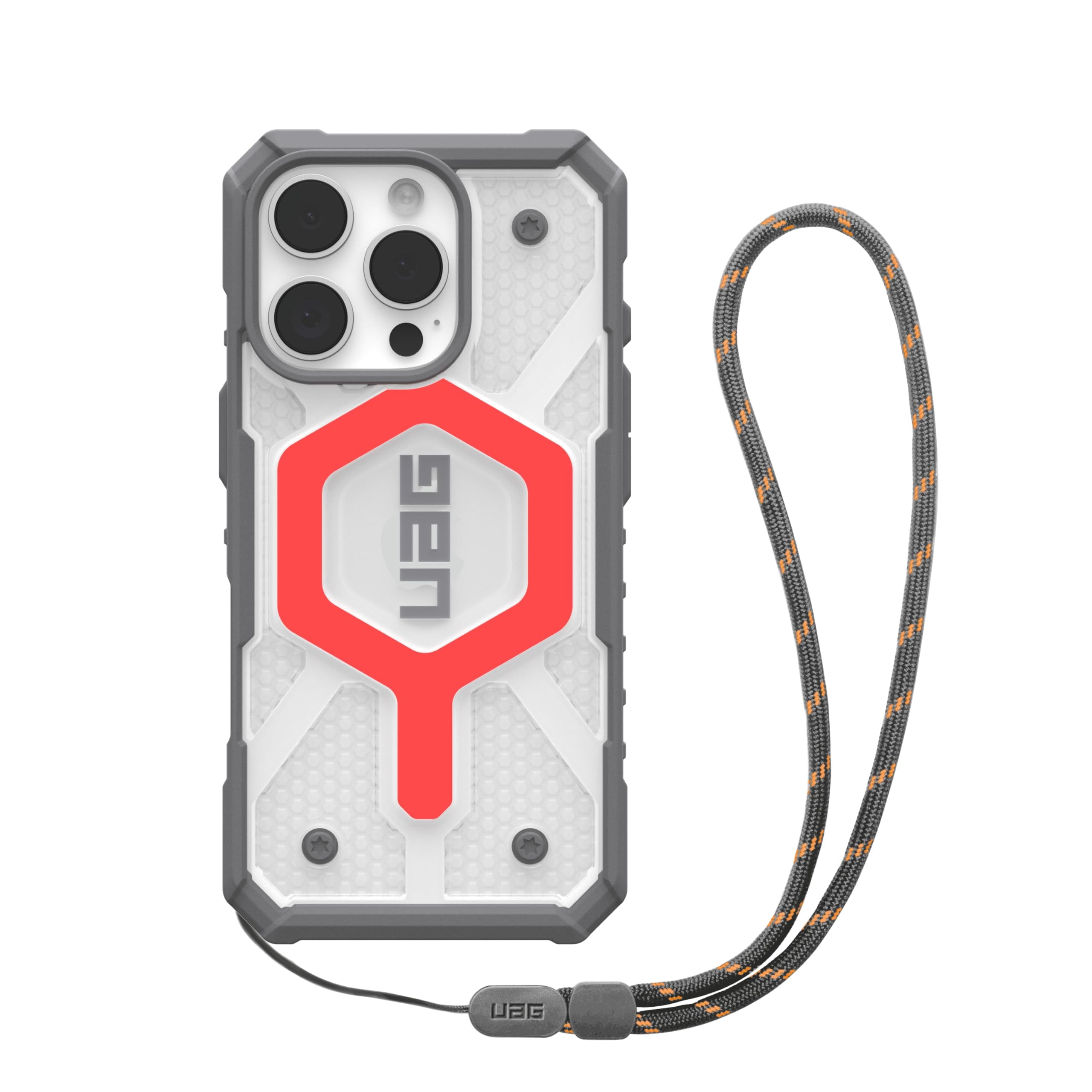 UAG iPhone 16 Pro Case 6.3" Pathfinder Clear Active Lava Compatible with MagSafe Charging Rugged Shockproof MIL-Grade Protective Cover + Lanyard Active Lava Bundle Set