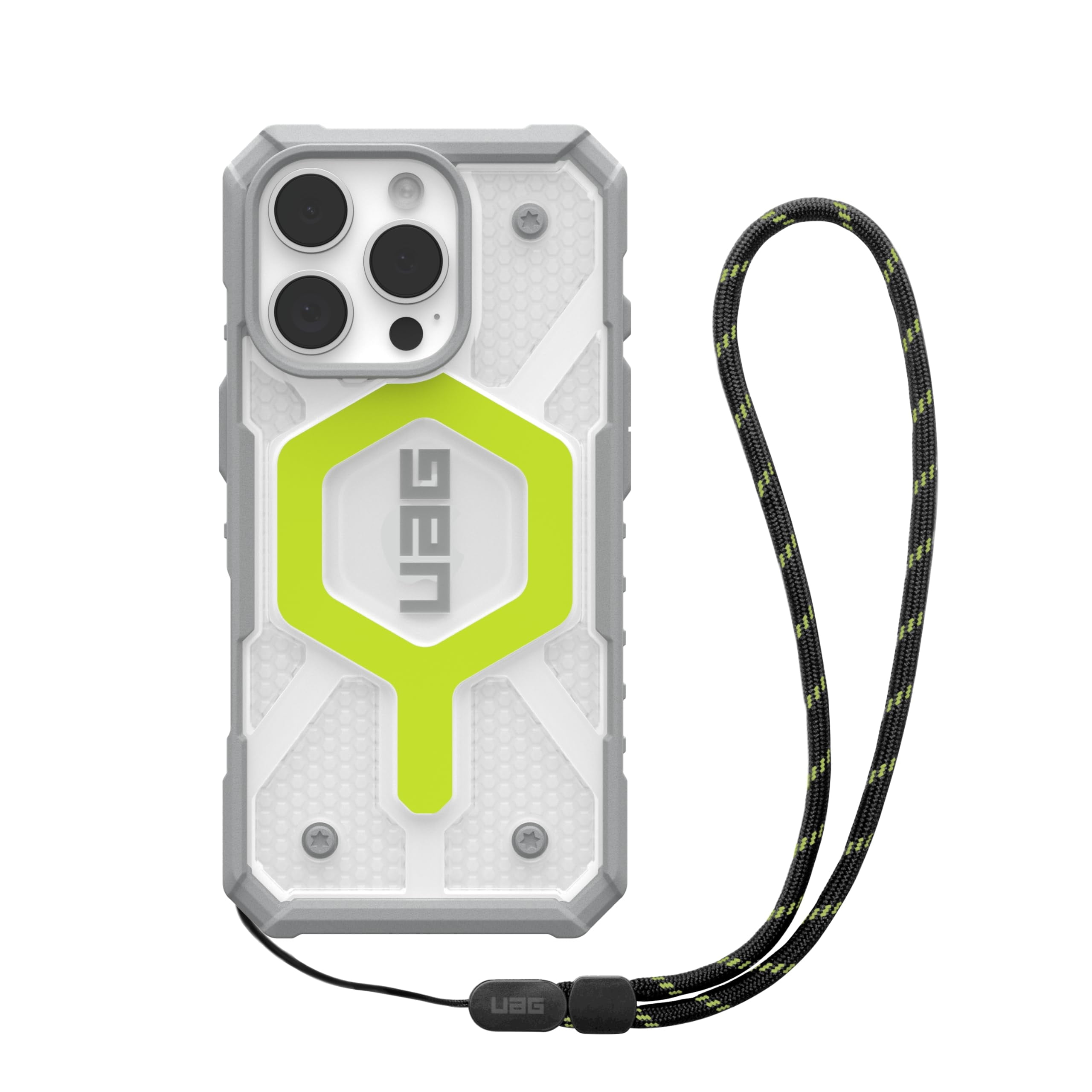 UAG iPhone 16 Pro Case 6.3" Pathfinder Clear Active Neon Compatible with MagSafe Charging Rugged Shockproof MIL-Grade Protective Cover + Lanyard Black Neon Bundle Set
