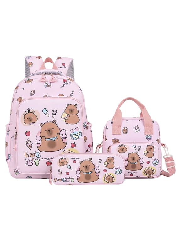 3 Piece Backpack Set for Girls, Cute Kapibala Large Capacity School Bookbag with Lunch Bag & Pencil Case for Elementary Students 3-6 Grade