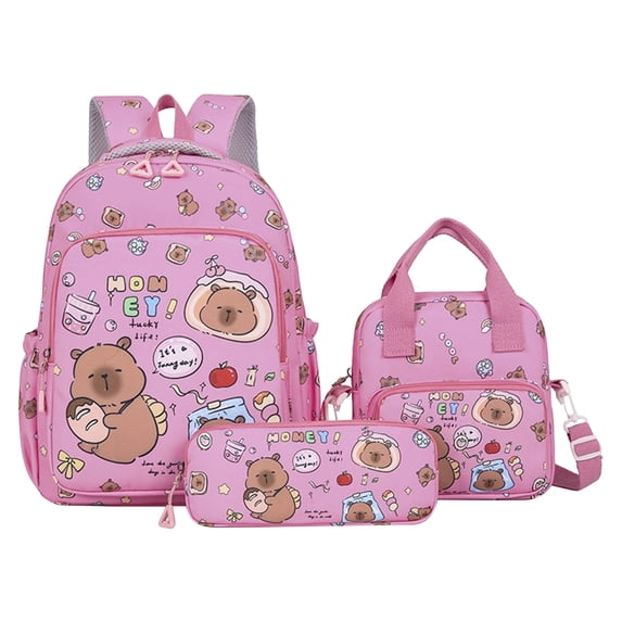UALSRZL 3 Piece Backpack Set for Girls, Cute Kapibala Large Capacity School Bookbag with Lunch Bag & Pencil Case for Elementary Students 3-6 Grade