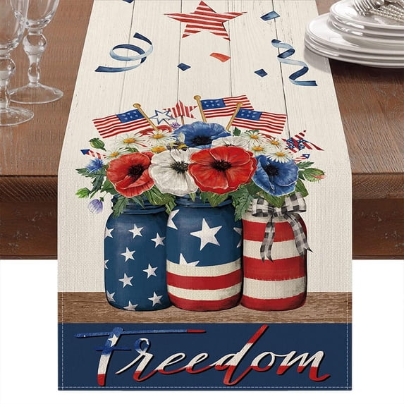UALSRZL 4th of July Patriotic Table Runner, 72 inch Red White and Blue Linen Table Runner with Flag Stars for Independence Day Dining Kitchen Tabletop