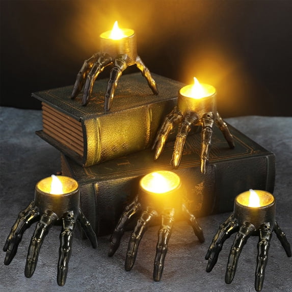 UALSRZL 5Pcs Skeleton Hand Flameless Candle for Halloween Decoration, Skull Hands Figurine with Fake LED Tea Lights, Battery Operated Candles for Table Home Holiday Decor