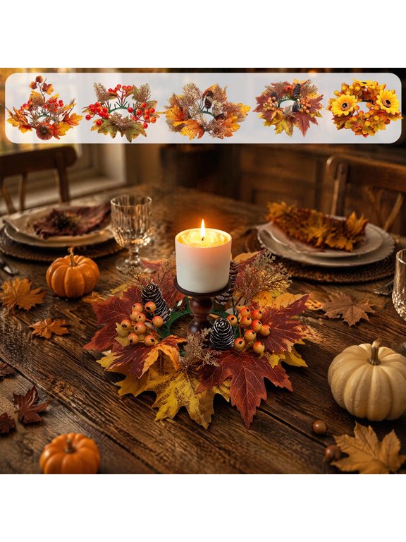 Candle Rings Wreaths, 10in Thanksgiving Sunflower Maple Leaves Berry Pinecone Candle Rings, Candles Wreath for Fall Table Decor, Multicolor