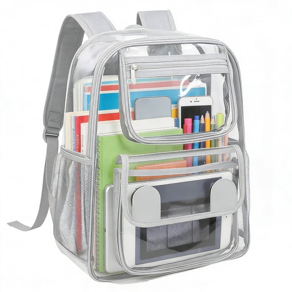 UALSRZL Clear Backpack, Heavy Duty PVC Transparent School Bag with Reinforced Strap, Large Capacity Bookbags for Boys Girls Stadium Approved, Gray