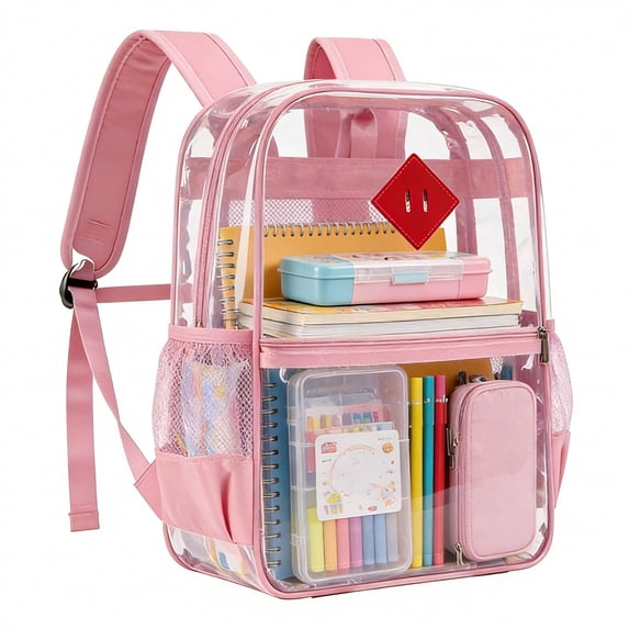 UALSRZL Clear Backpack, Heavy Duty PVC Transparent School Bag with Reinforced Strap, Large Capacity Bookbags for Boys Girls Stadium Approved, Pink