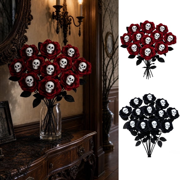 UALSRZL Halloween Decorations Flower, 10pcs Artificial Rose Halloween Skull Flowers, Faux Flowers for Vase Home Table Mantel Scary House Decor, Black