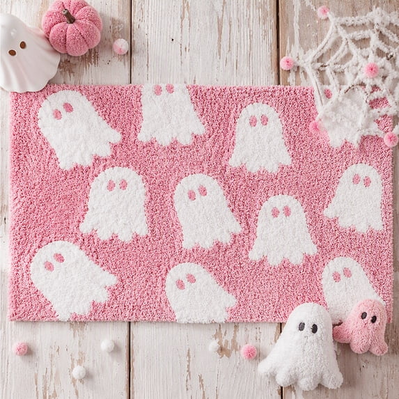 UALSRZL Halloween Ghost Door Mat, Non-Slip Halloween Decorations Ghost Entrance Rug, Door Mat for Indoor Outdoor Bathroom Porch Festivel Decor, Pink