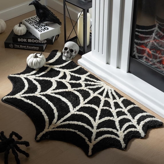 UALSRZL Halloween Spiderweb Rug, Non-Slip Absorbent Washable Spiderweb Door Mat, Halloween Decorations Rug for Bathroom Porch Festivel Decor, Black