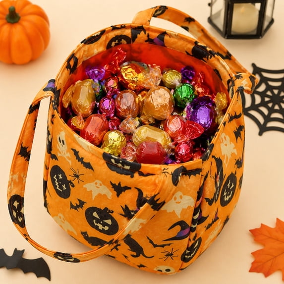 UALSRZL Halloween Treat Bags for Kids, Reusable Fabric Trick or Treat Candy Tote with Pumpkin Ghost, Portable Goodie Bag with Handles for Party Favors