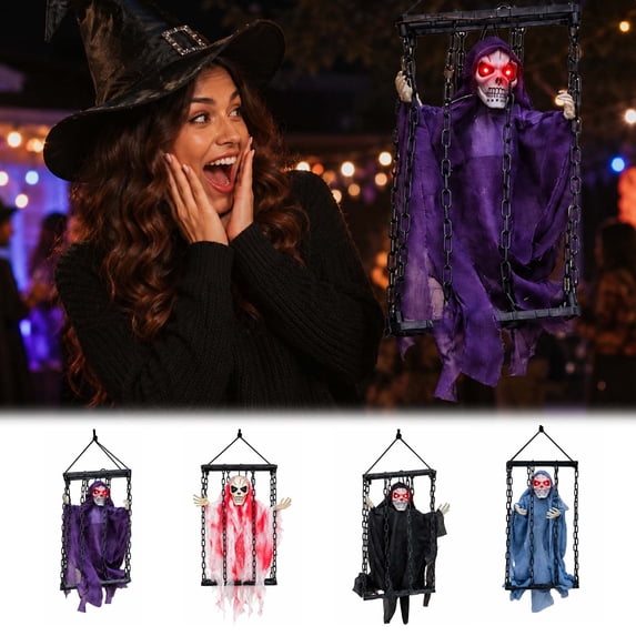 UALSRZL Hanging Animated Skeleton in Cage, Halloween Decorations Skull Prisoner Scary Scream Sounds for Outdoor Indoor Front Porch Yard Garden Lawn Holiday Decor