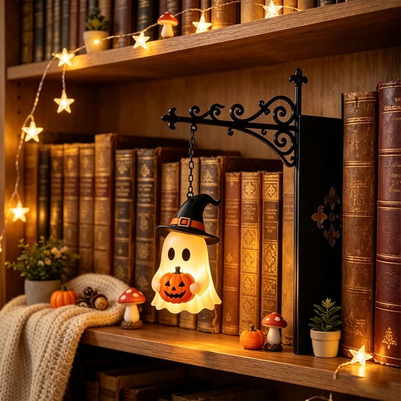 UALSRZL Library Lantern Bookshelf Lamp, Vintage Ghost Bookend Light with Warm LED, Battery Operated Shelf Decor for Book Nook Home Library Halloween