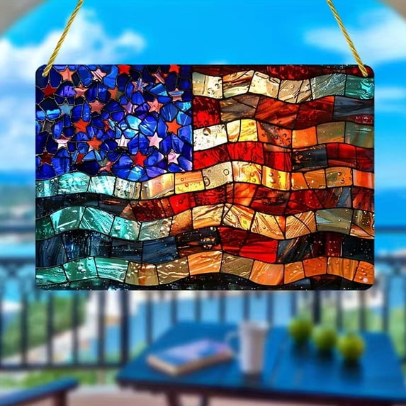 UALSRZL Stained Glass Window Hanging, Red White and Blue American Flag Pattern Suncatcher, 4th of July Decorations Door Sign for Wall Memorial Day