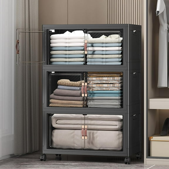 UAMFURI 336QT Stackable Storage Bins with Lids and Wheels, Foldable Closet Organizers, 28GAL*3Pack Plastic Storage Drawers for Kitchen, Bedroom, Dorm