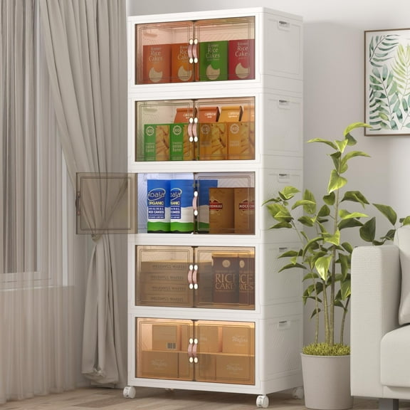 UAMFURI Stackable Storage Bins with Lids and Wheels, 5 Tier Plastic Storage Drawers, Foldable Closet Organizers for Bedroom, Kitchen, Office