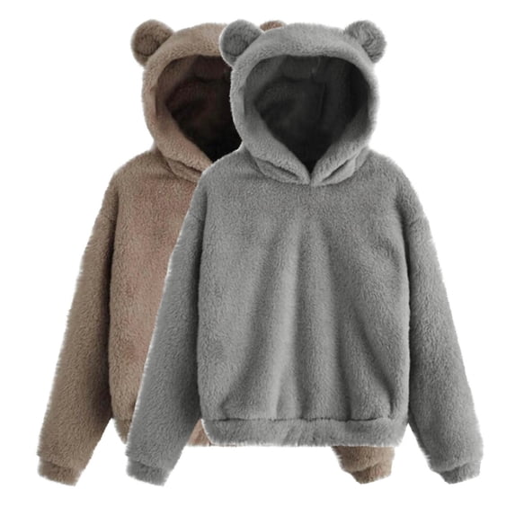 UAMVSH 2 Pack Hoodie for Women Plus Size Cute Ears Fleece Hooded Sweatshirts Warm Winter Long Sleeve Plush Loungewear Pullover(Small,Khaki)