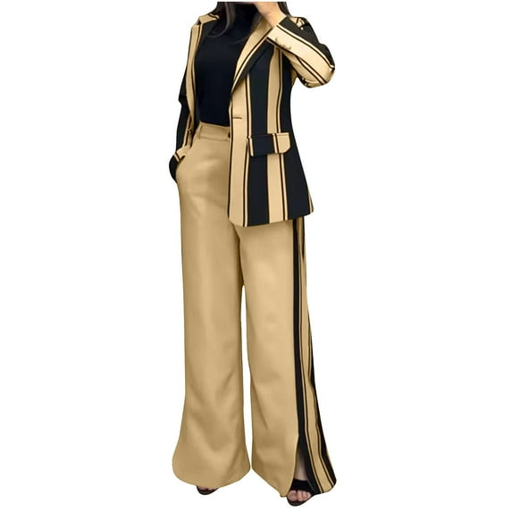 UAMVSH 2 Piece Blazers Outfits for Women Baggy Striped Color Block Jackets Palazzo Wide Leg Pantsuits with Pockets Lapel Business Dressy Sets(X-LargeKhaki)