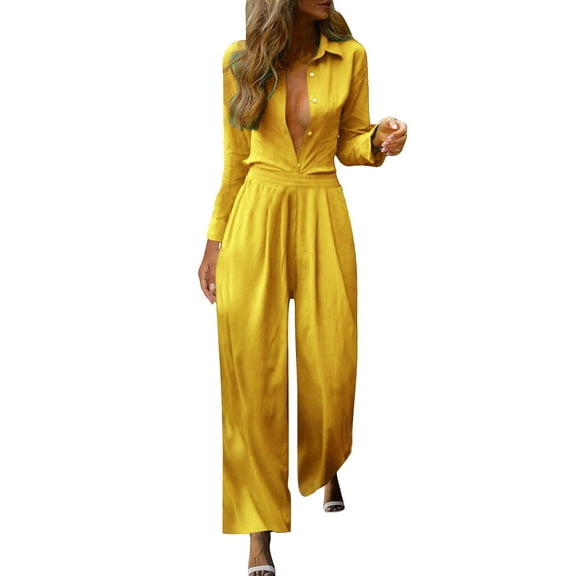 UAMVSH 2 Piece Dressy Outfit for Women Casual Long Sleeve Button down Lapel Collar Shirts with Wide Leg Pants Lightweight Work Business Sets(X-LargeYellow)