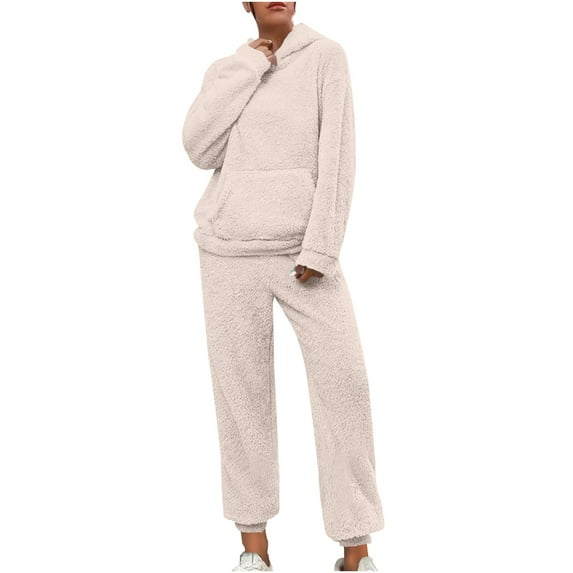 UAMVSH 2 Piece Fuzzy Fleece Hoodie Outfits for Women Plus Size Warm Hooded Pullover and Pant Plush Pajama Sets Winter Loungewear(3X-LargeBeige)