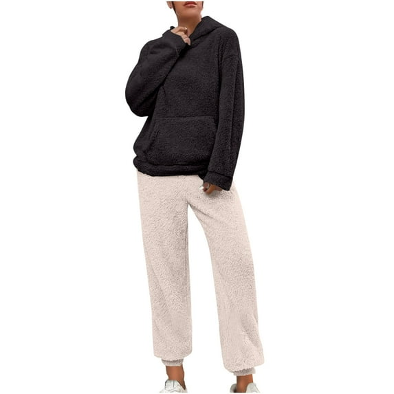 UAMVSH 2 Piece Fuzzy Fleece Hoodie Outfits for Women Plus Size Warm Hooded Pullover and Pant Plush Pajama Sets Winter Loungewear(5X-LargeBeige 2)