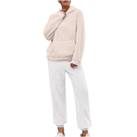 UAMVSH 2 Piece Fuzzy Fleece Hoodie Outfits for Women Plus Size Warm Hooded Pullover and Pant Plush Pajama Sets Winter Loungewear(SmallBeige 1)