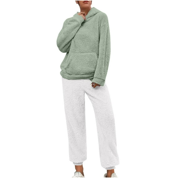 UAMVSH 2 Piece Fuzzy Fleece Hoodie Outfits for Women Plus Size Warm Hooded Pullover and Pant Plush Pajama Sets Winter Loungewear(XX-LargeGreen 1)