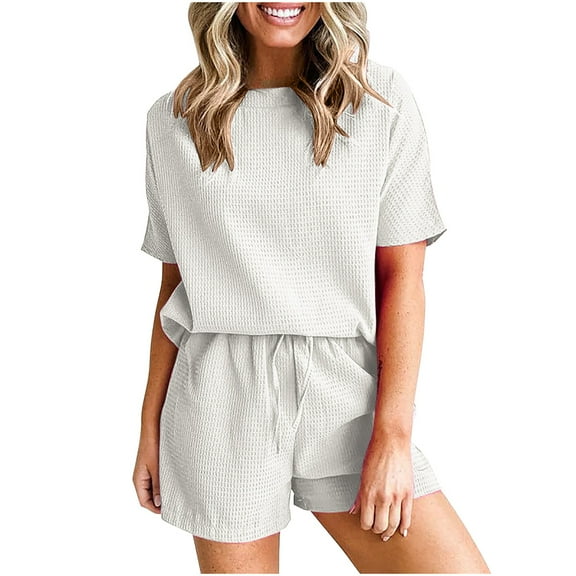 UAMVSH 2 Piece Lounge Set for Women Summer Knit Sets Dressy Casual Crewneck T-Shirt Matching Shorts Set Vacation Travel Outfits