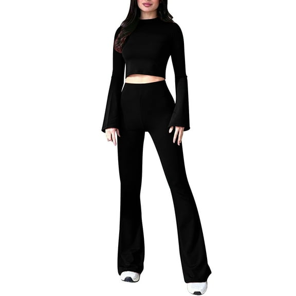 UAMVSH 2 Piece Lounge Sets for Women Cropped Long Bell Sleeve Tops with High Waisted Bootcut Leggings Sweatsuits Yoga Stretchy Sweatsuit Outfits(SmallBlack)