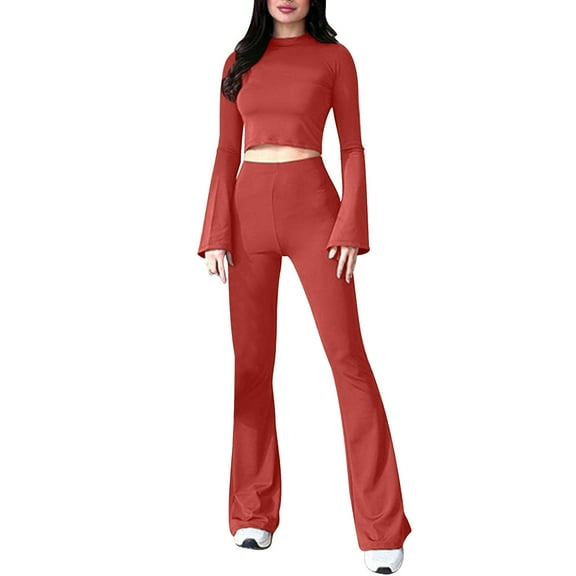 UAMVSH 2 Piece Lounge Sets for Women Cropped Long Bell Sleeve Tops with High Waisted Bootcut Leggings Sweatsuits Yoga Stretchy Sweatsuit Outfits(SmallRed)