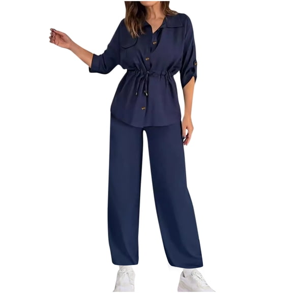 UAMVSH 2 Piece Outfits for Women Drawstring Waist Button down Lapel Collar Shirts with Long Pants Soft Business Casual Dressy Sets(SmallBlue)