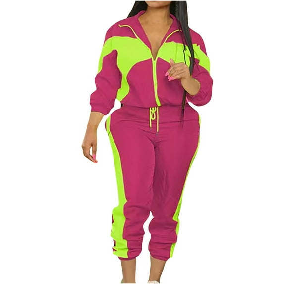 UAMVSH 2 Piece Outfits for Women Fashion Color Block Full Zipper Jackets with Jogger Pants Lightweight Sweatsuits Sets(LargeHot Pink)