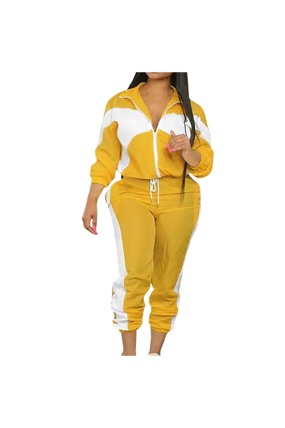 2 Piece Outfits for Women Fashion Color Block Full Zipper Jackets with Jogger Pants Lightweight Sweatsuits Sets(MediumYellow)