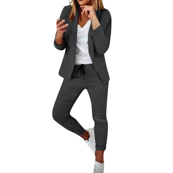 UAMVSH 2 Piece Sets for Women Long Sleeve Notch Collar Business Sets Stretchy Drawstring Pockets Pant Outfits Work Office Dress Blazers(Small,Dark Gray)