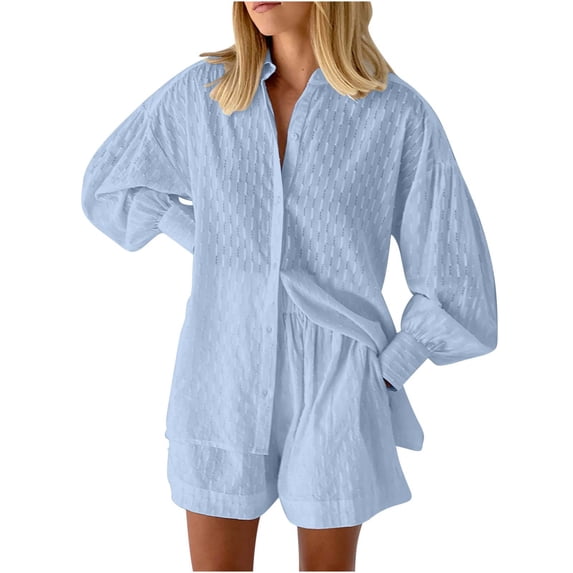 UAMVSH 2 Piece Sets for Women Lantern Long Sleeve Lounge Sets Jacquard Hollow Button Down Shirts with Shorts Set Beach Vacation Outfits
